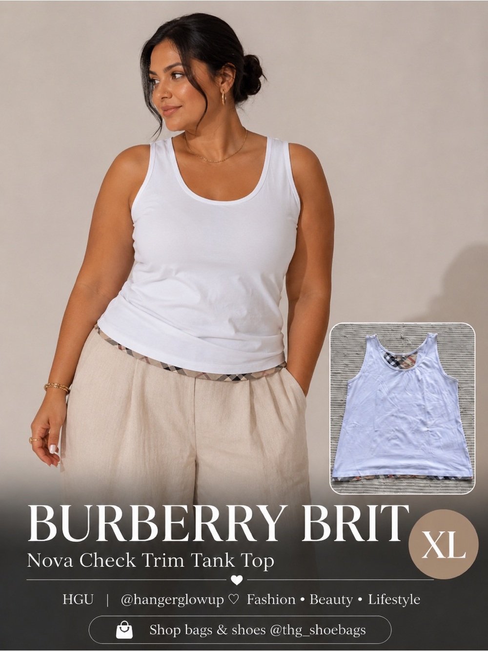 Burberry Brit White Nova Check Trim Tank Top XL Designer Cotton Stretch